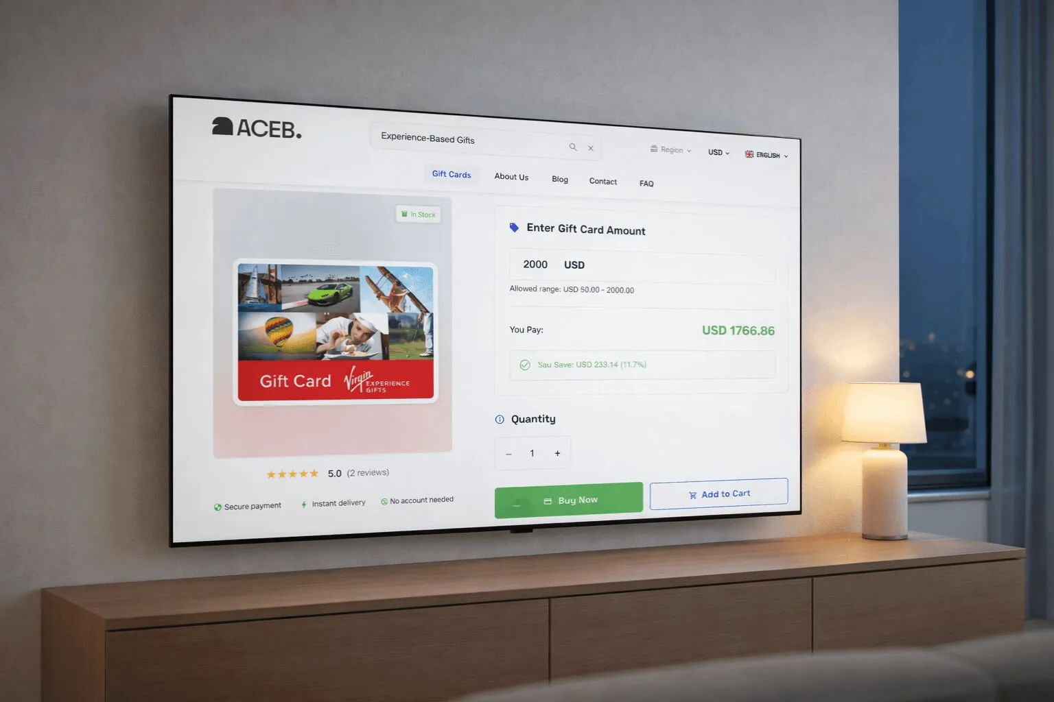 ACEB digital gift card platform interface displayed on screen with crypto and SEPA payment options