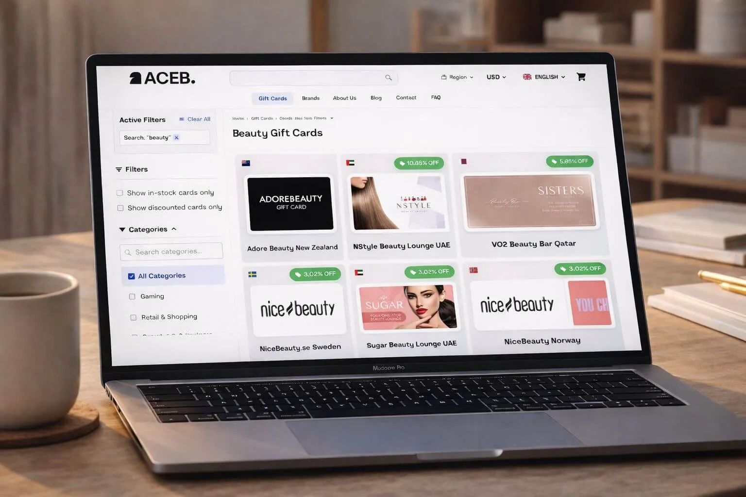 ACEB beauty gift cards marketplace showing international beauty brands available for instant purchase
