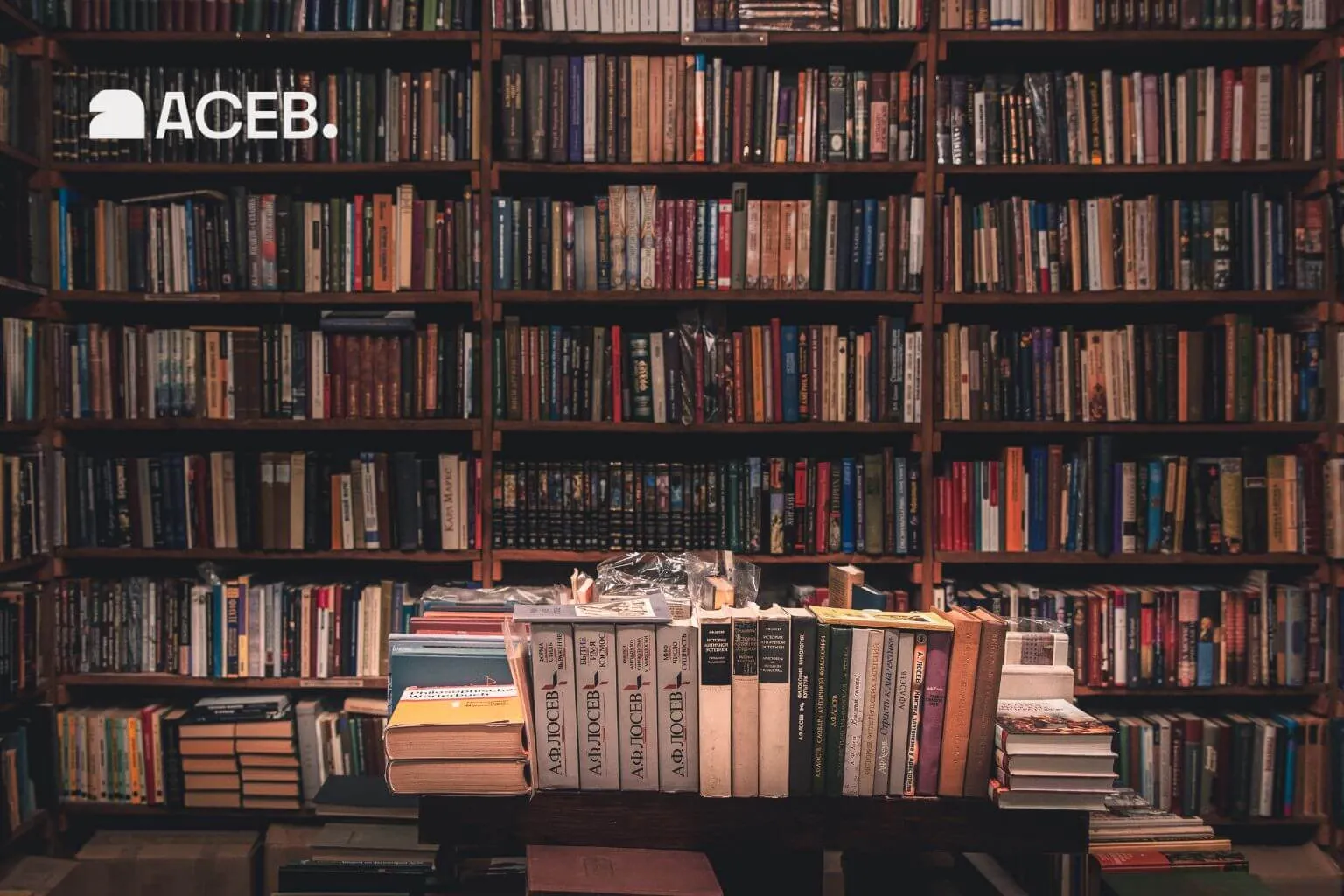 Large bookshelf library filled with books representing knowledge, education and learning resources