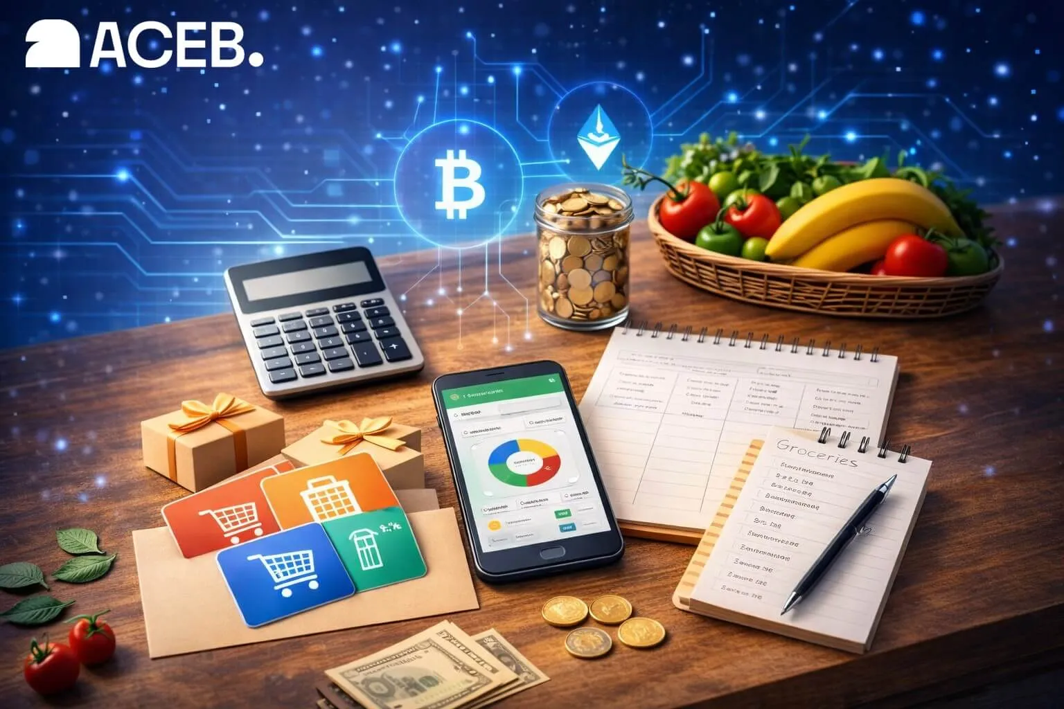 Mobile budgeting app and grocery gift cards showing how crypto can be used for everyday supermarket spending