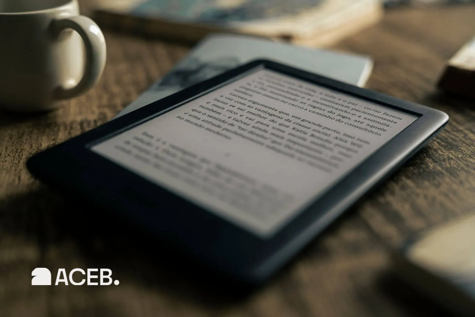 E-book reader on desk showing digital book content representing online education and e-learning