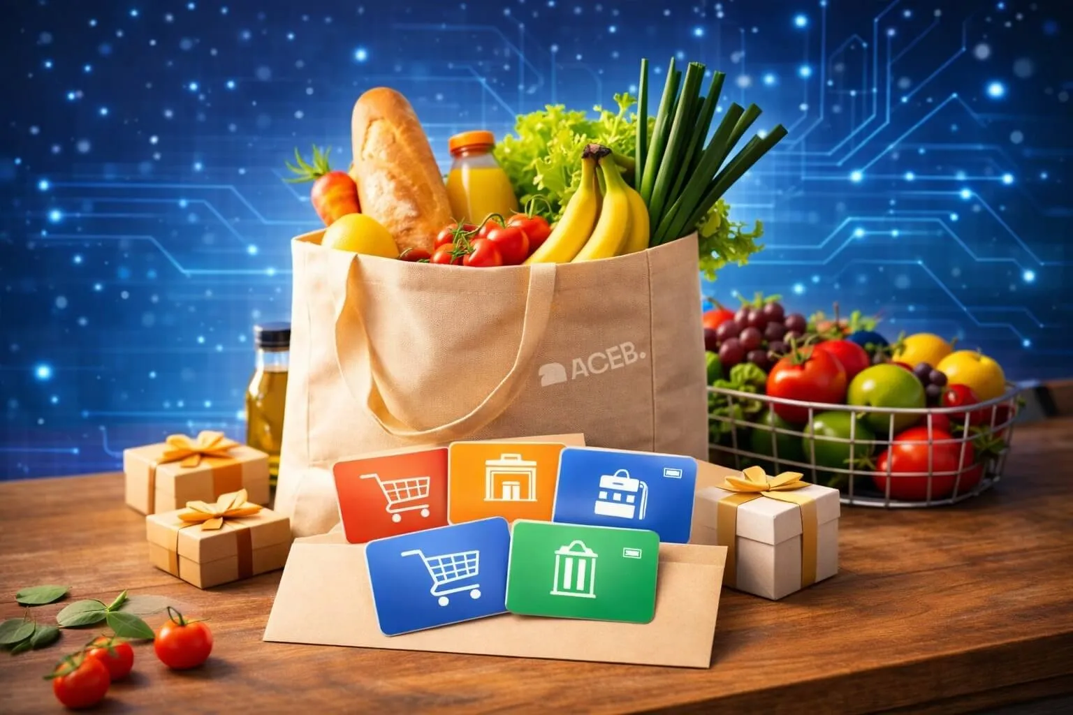 Grocery gift cards with fresh supermarket products in a shopping bag available through ACEB crypto payments