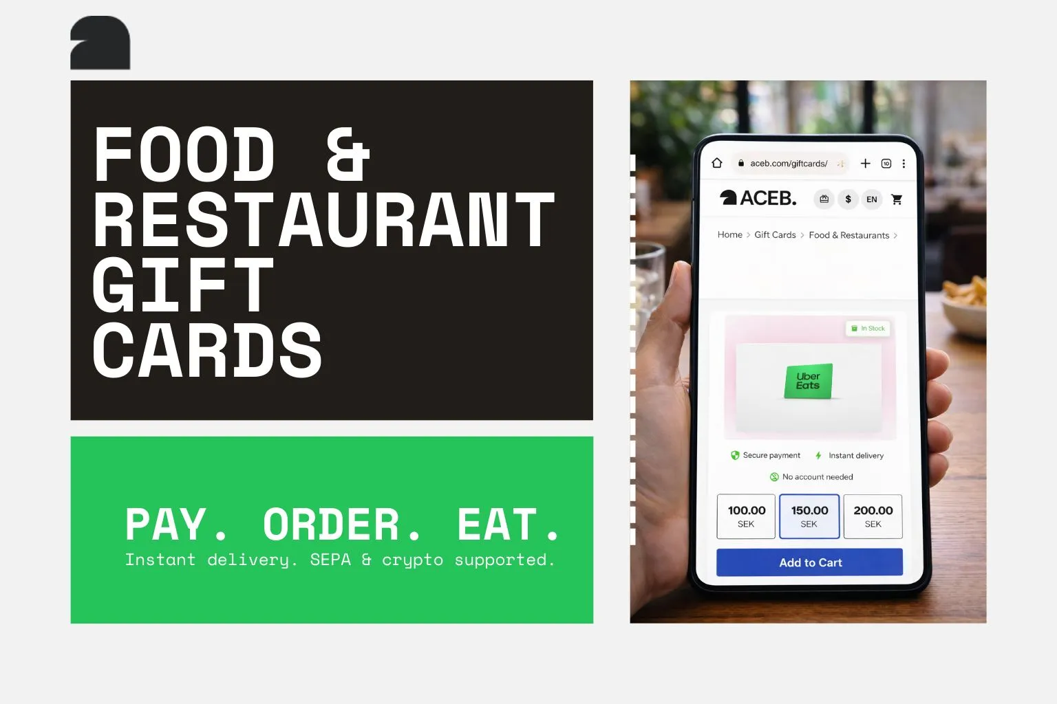 Buying restaurant gift cards with crypto on ACEB mobile product page