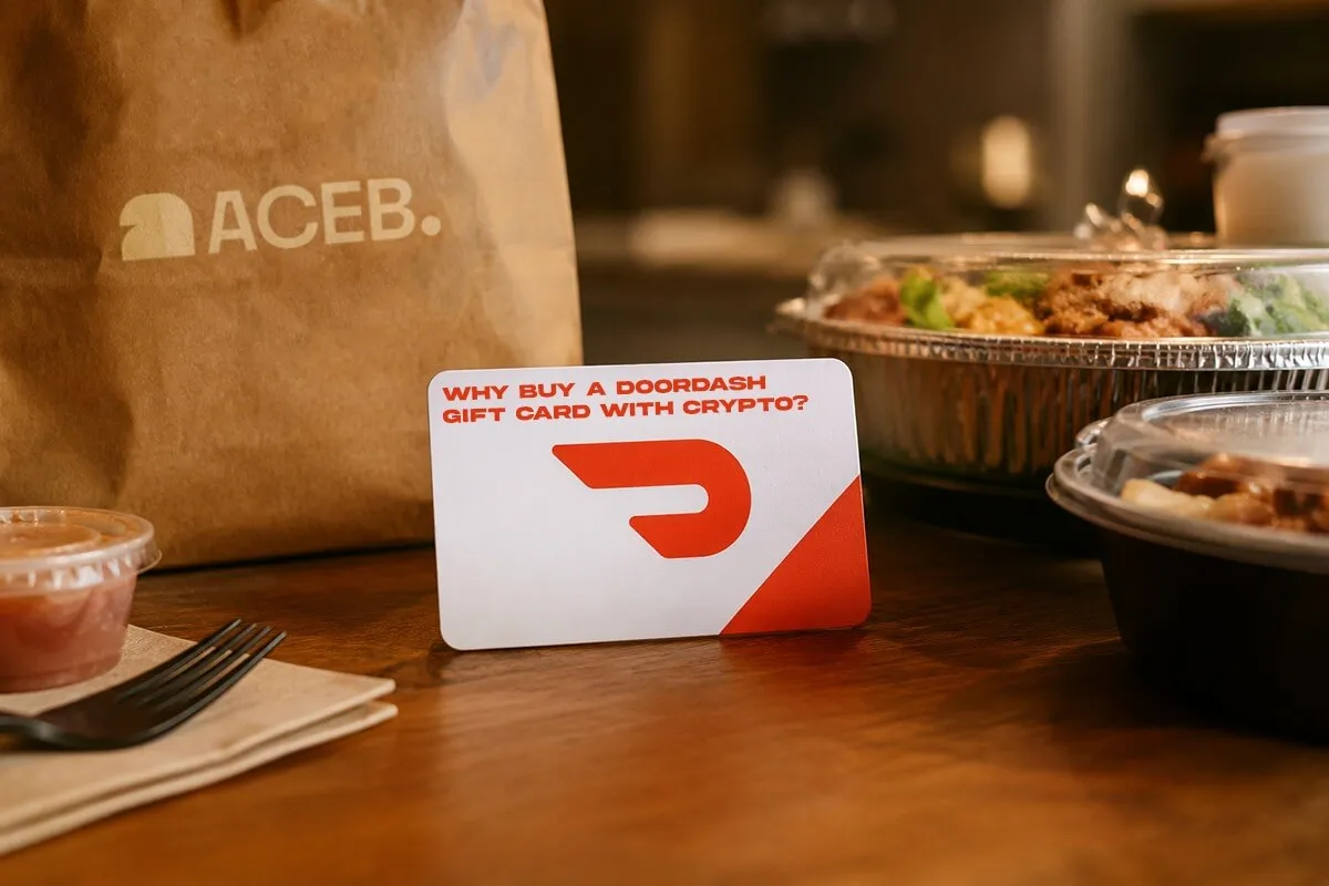 DoorDash gift card with ACEB branding beside food delivery containers