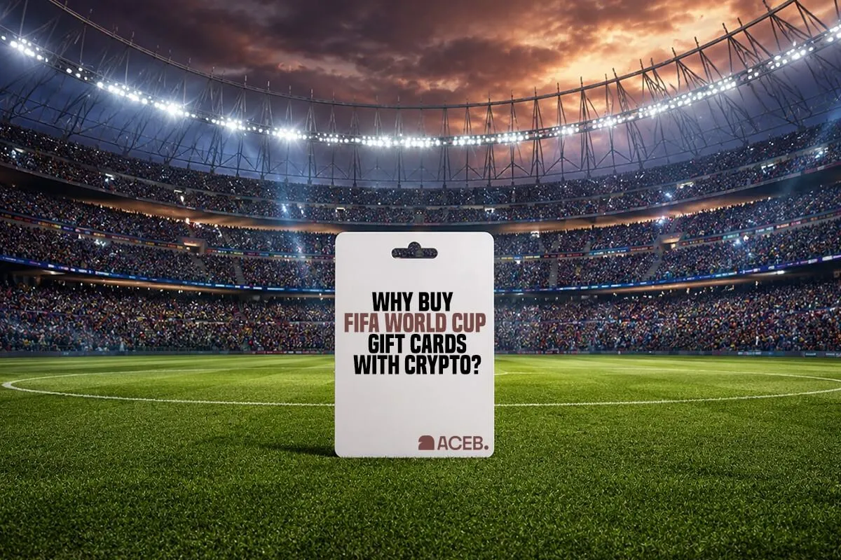 FIFA World Cup 2026 themed gift card displayed inside a football stadium promoting buying digital gift cards with cryptocurrency through ACEB.