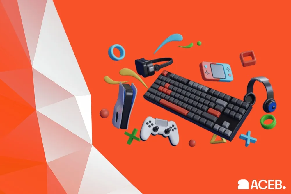 Gaming accessories including keyboard, controller, headset and console devices on a modern orange background