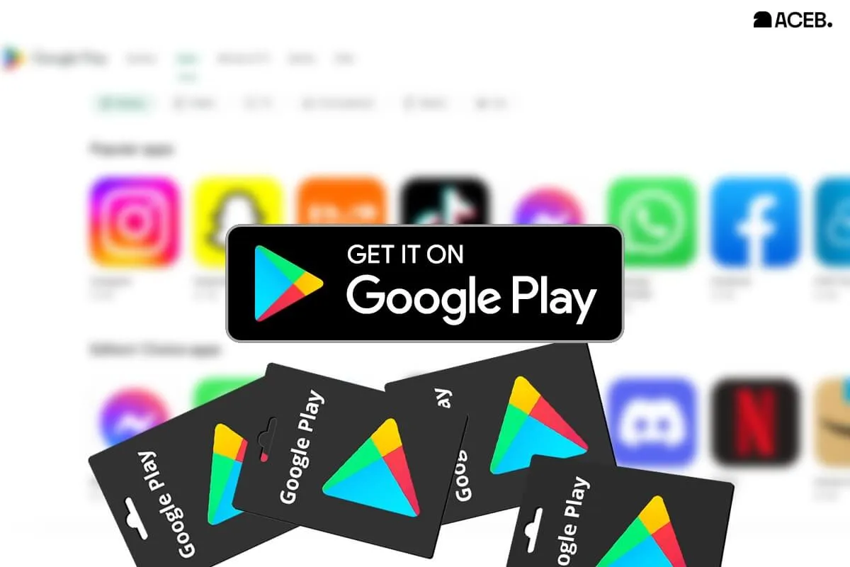 Google Play download button with mobile app icons in the background