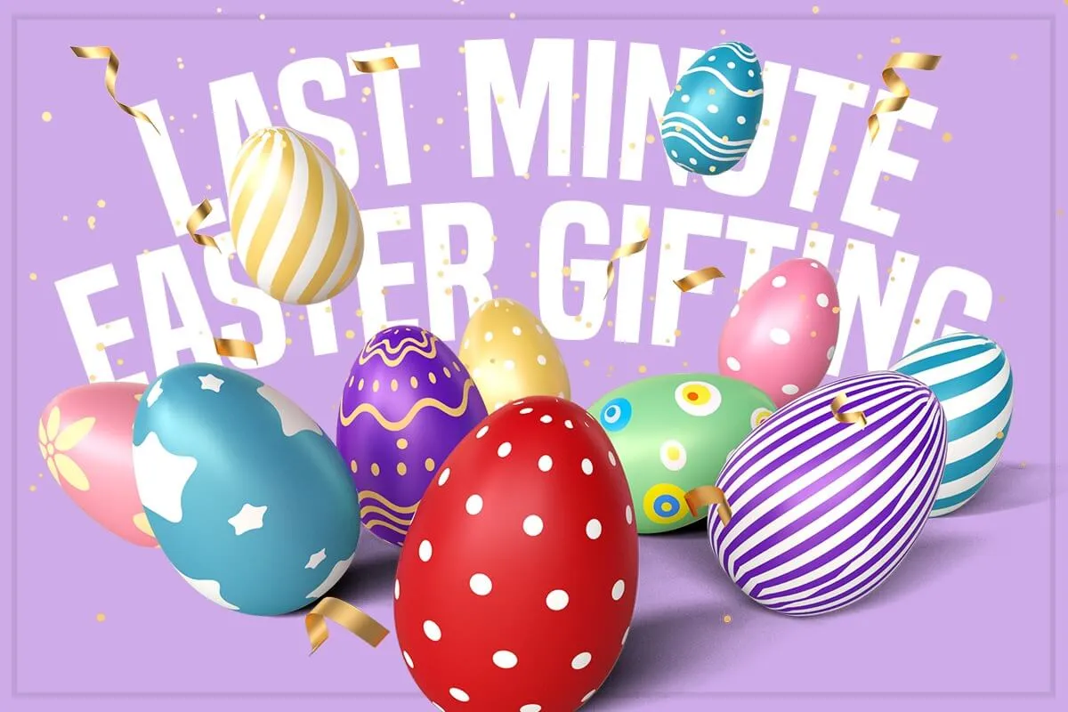 Last minute Easter gift ideas with colorful decorated eggs on purple background