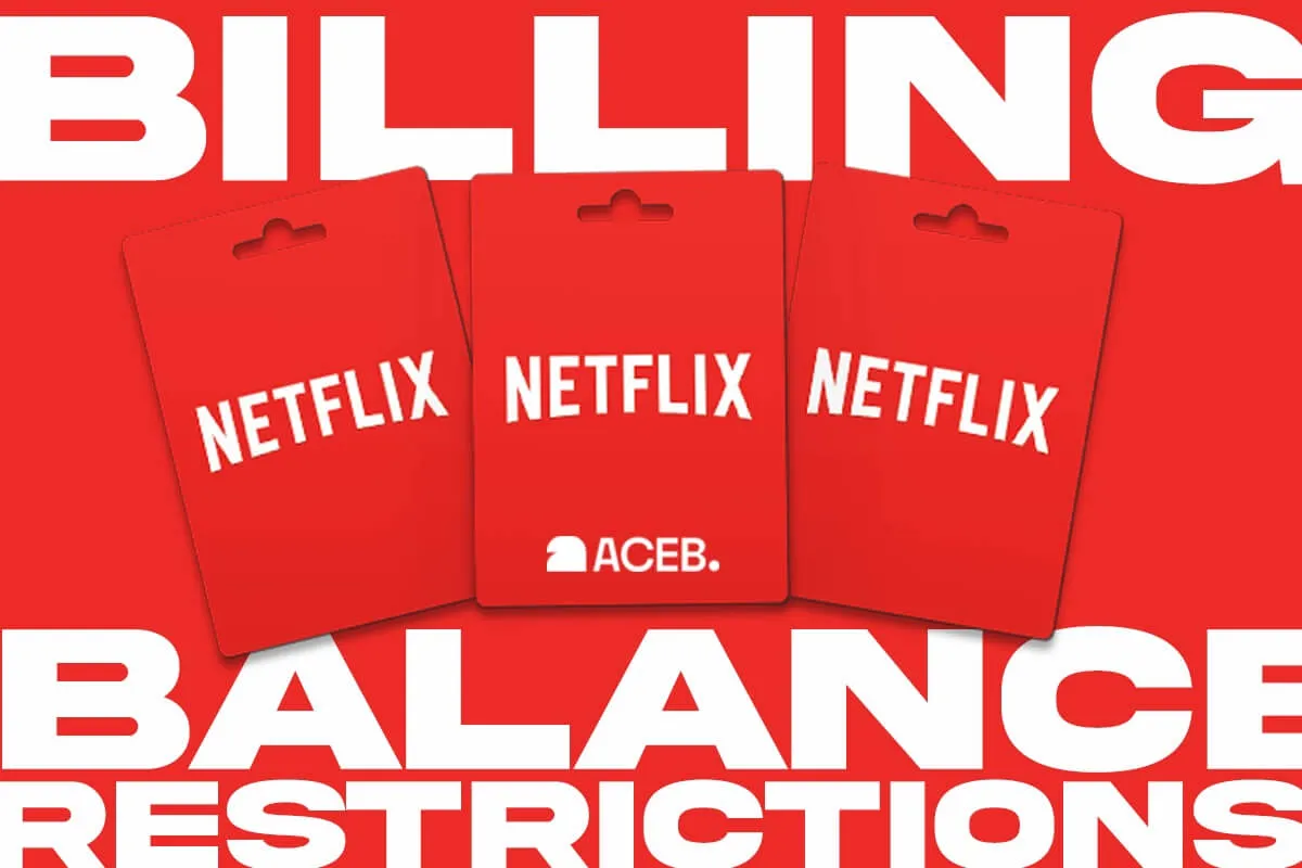 Netflix gift cards displayed on a red background highlighting billing balance and regional restrictions.