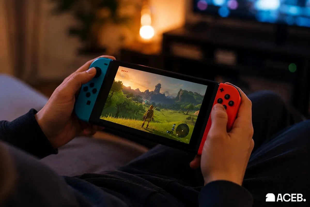 Person playing Nintendo Switch at home while using Nintendo eShop gaming balance purchased with crypto