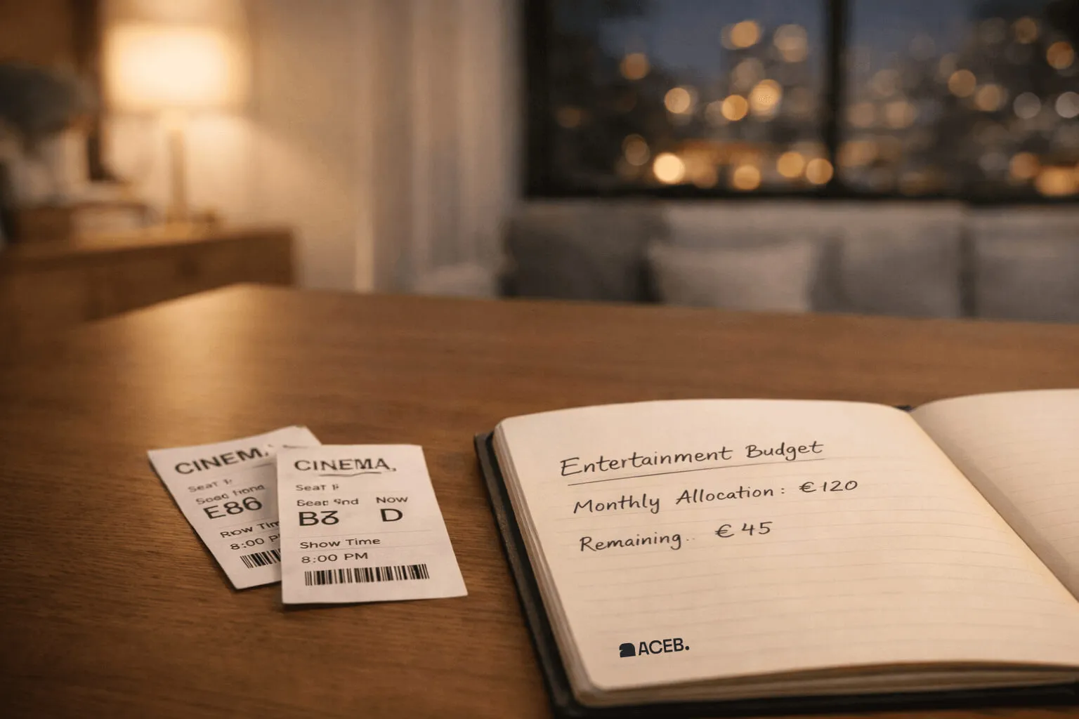 Cinema tickets next to a notebook showing an entertainment budget allocation plan