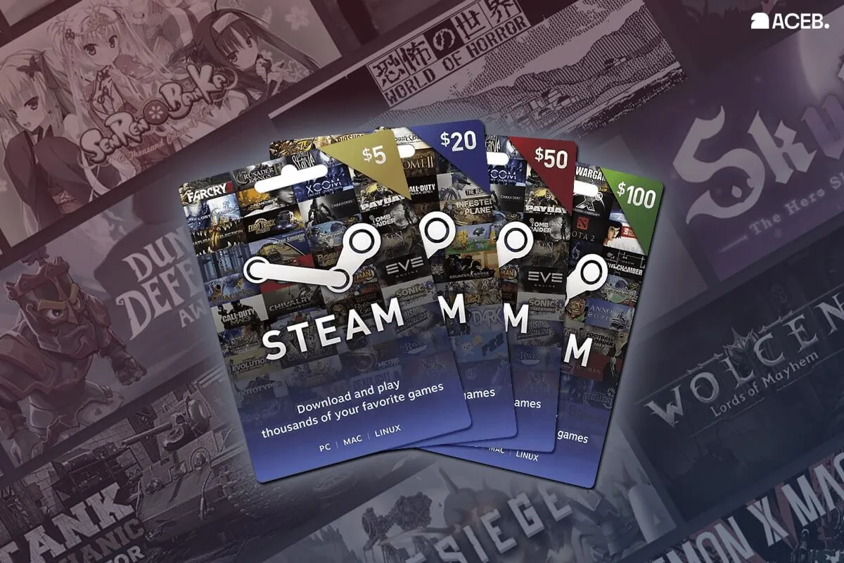 Steam gift cards with 5 20 50 and 100 dollar values for digital game purchases