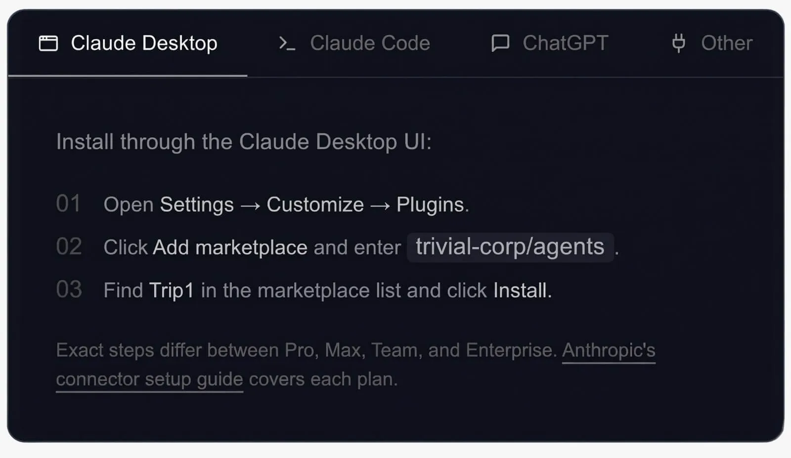 Trip1 MCP setup for Claude Desktop plugin installation