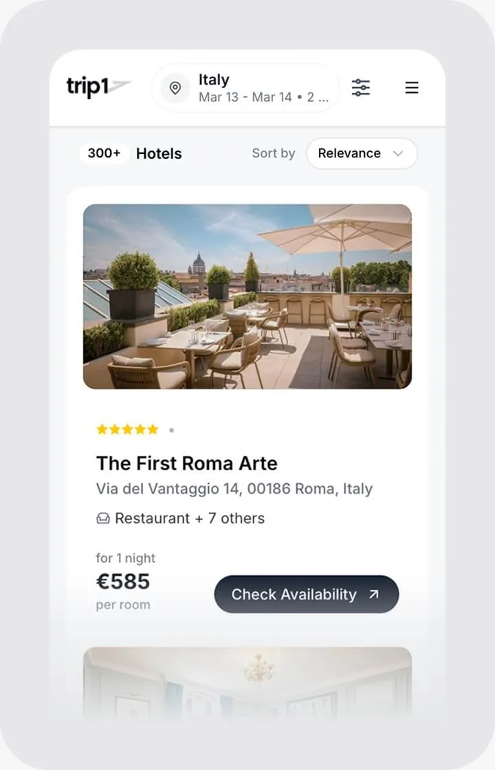 Trip1 mobile hotel listing in Italy with crypto-friendly booking interface